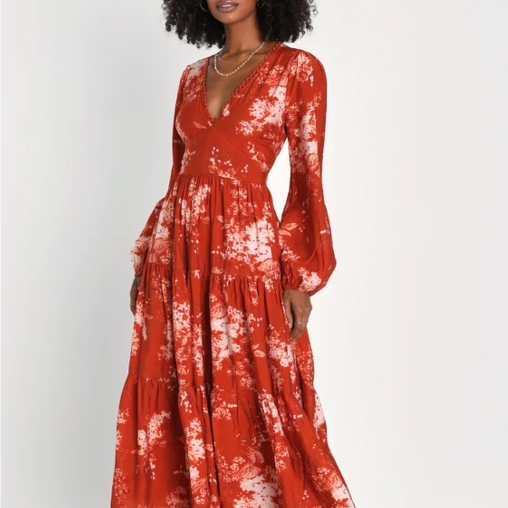Striking Impression Orange Floral Print Tiered Midi Dress - Picture 9 of 9